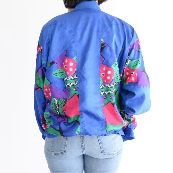 Vintage TanJay Blue Nylon Pink & Green Abstract Design Light Bomber Jacket XS - Picture 4 of 14